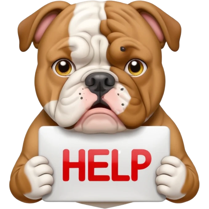 English bulldog with a worried face holding a 'need help' sign, emoji style emoji