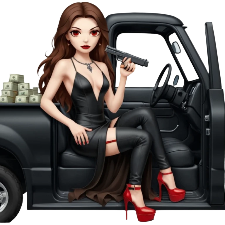 Lilith symbol red eye seductress evil long brown haired sexy succubus woman with leather long dress with slit on, sitting in Big Large F350 pickup truck. Platform long high heels on feet. Back seat full of stacks of cash, she is  Holding a human skull of her enemies in car and a gun in other hand emoji