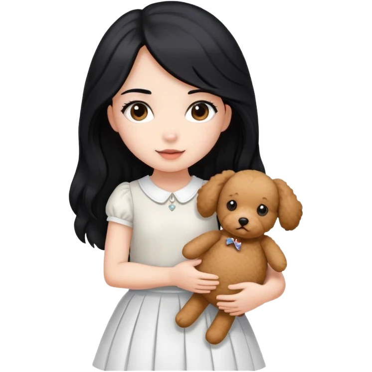 beautiful girl with long straight black hair wearing a white skirt holding a small brown curly teddy dog emoji