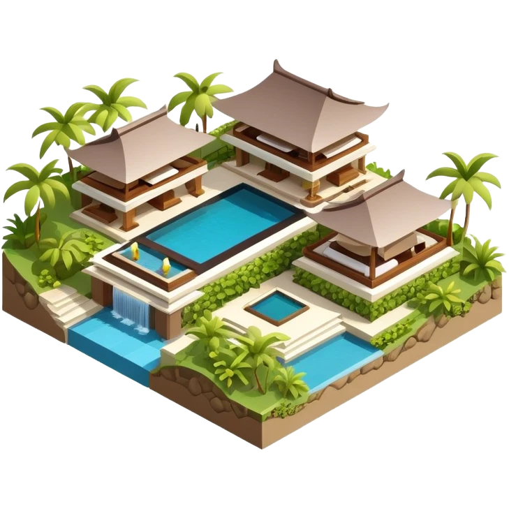 isometric exterior luxury balinese resort, 3d realistic emoji