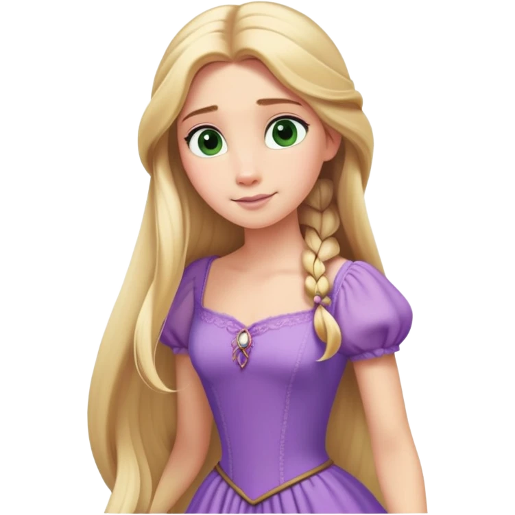 Rapunzel from hips up, lavender purple dress, extra long flowing blonde hair, green eyes, minimal style but very recognizable emoji