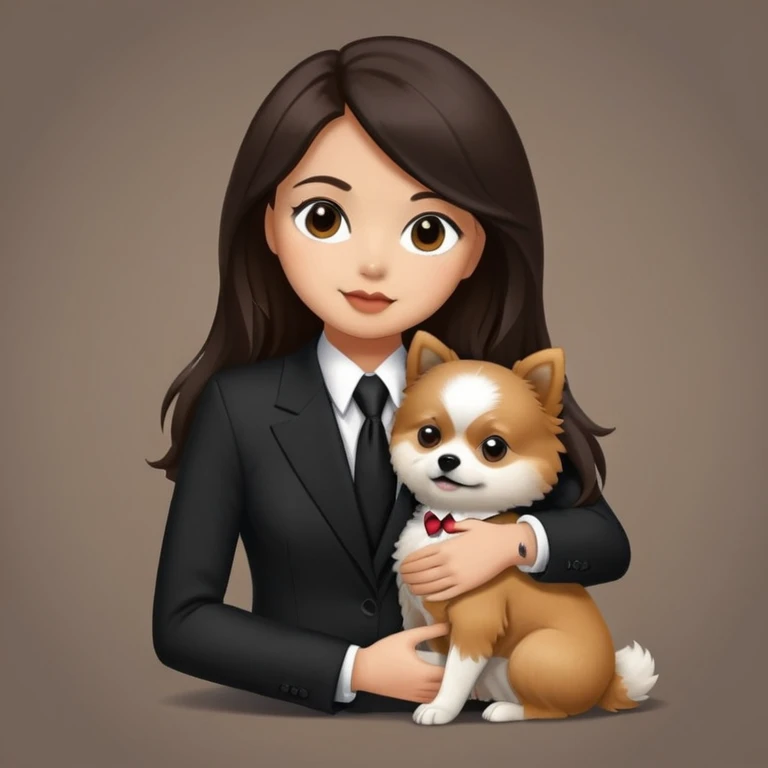 Beautiful woman long dark brown hair wearing black suit and tie hug a half Pomeranian and shitzu dog emoji