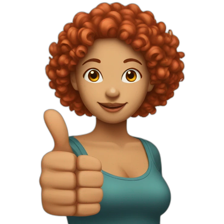 A mulatto woman with red curly hair of Asian appearance shows a big thumbs up emoji