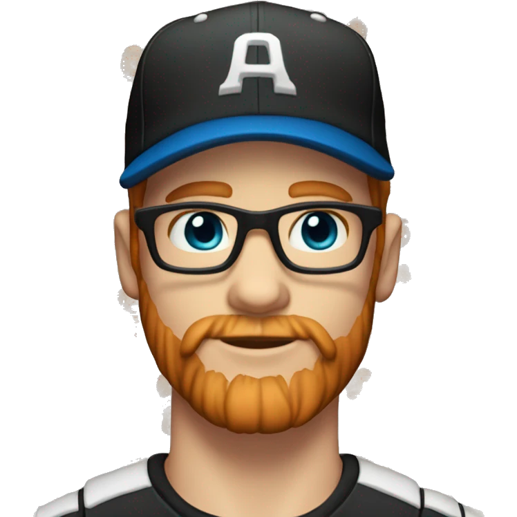 30 year old male male with red hair, glasses, black baseball hat, blue eyes, pale complexion, and a beard emoji
