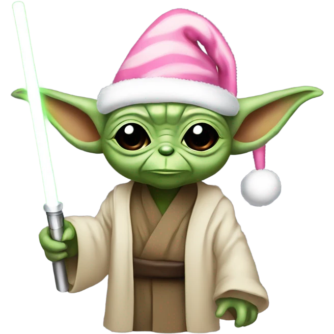 Yoda with pink Santa hat and candy cane lightsaber emoji