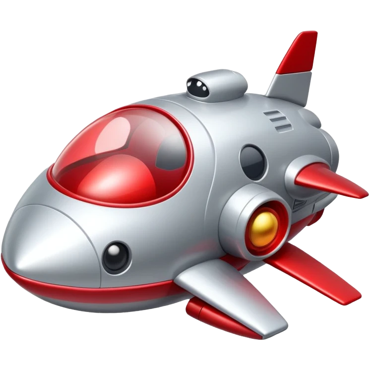 A silver and red toy spaceship with big eyes and a smiling face emoji