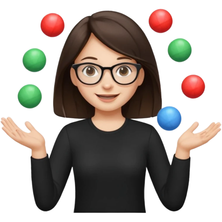 a brunette girl in a black shirt wearing glasses is  juggling  with two hands and smiling  emoji