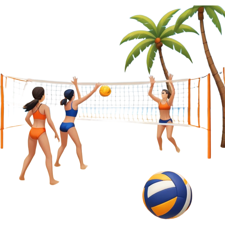 A volleyball resting on the orange sand of a beach, with a volleyball net in the background. The scene includes a beautiful beach landscape with blue sea, sky, and palm trees, while a couple of women in swimsuits play in the distance, capturing the relaxed yet competitive vibe of beach volleyball. emoji