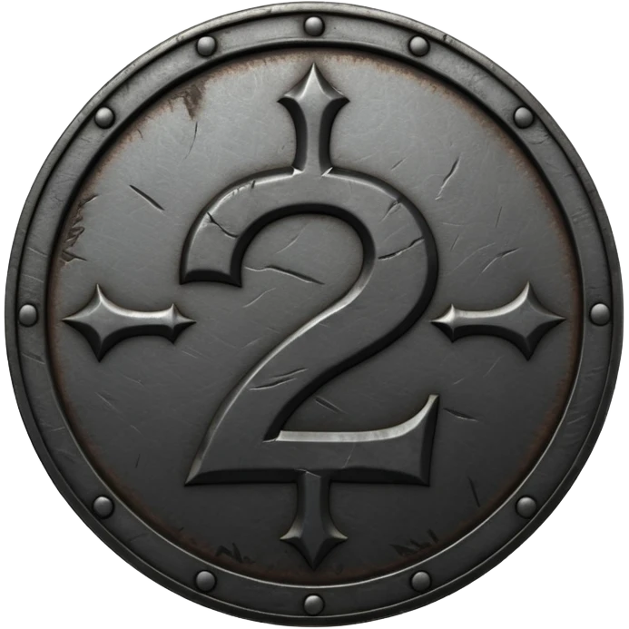 Minimal emoji, gothic metal coin made of black steel, engraved number 2 at the center, ancient industrial aesthetic, worn metal texture, no glow, no neon, flat emoji design, centered, transparent background emoji