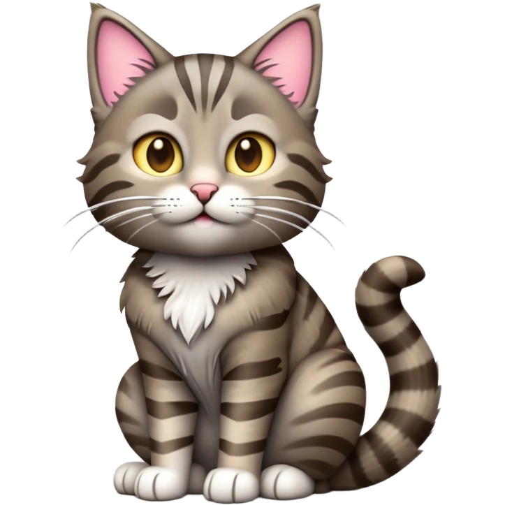cinematic-[grey brown tabby cat]-realistic-emoji,-tail-curled-playfully-around-its-paws,-head-tilted-dramatically,-scruffy-[grey]-fur,-simplified-yet-realistic-focused-features,-highly-detailed,-glowing-with-an-almost-sarcastic-glow emoji