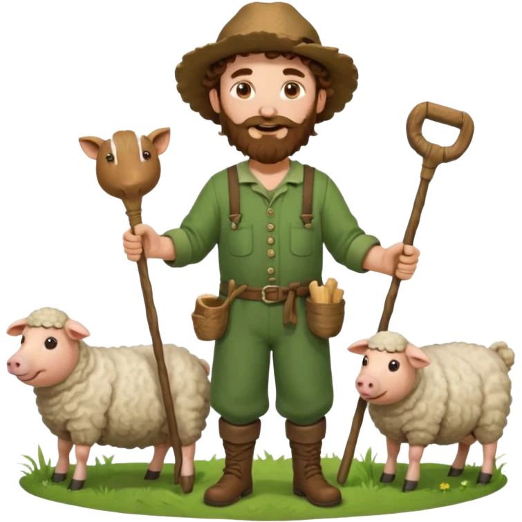 happy shepard with long curly brown beard and long curly brown hair, in green village outfit, with wooden shepard stick in hands, taking care of sheep and pigs emoji