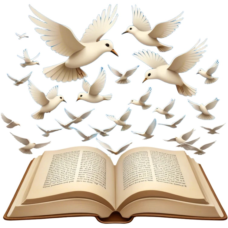Icon for Poetry Reading: an open book with verses on the pages, from which fly pages transforming into a large flock of small white birds soaring into the blue sky. The icon should evoke the freedom and beauty of poetry. Transparent background. emoji