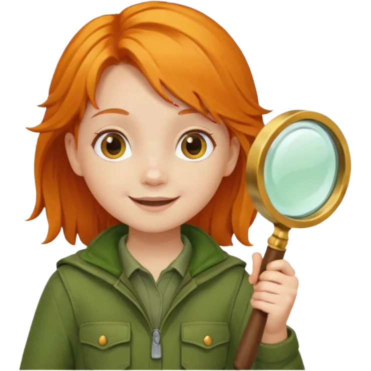 braid orange haired girl kid in moss green explorer outfit, holding magnifying glass, smile emoji