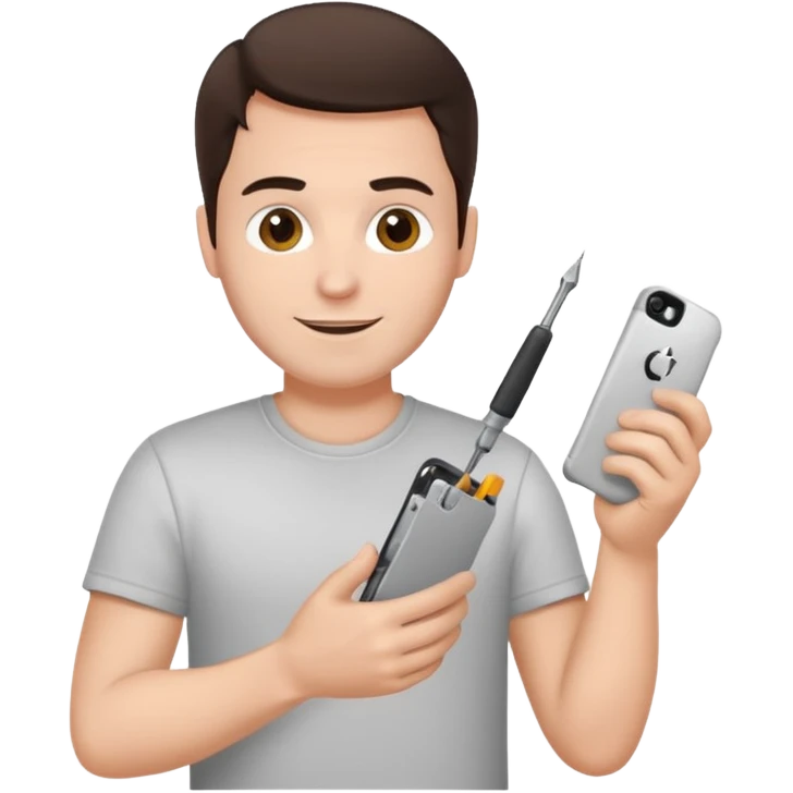 make a white guy with dark brown hair, with a simple white o grey shirt, repairing an iphone happy, tecnician with small real tools for phone emoji