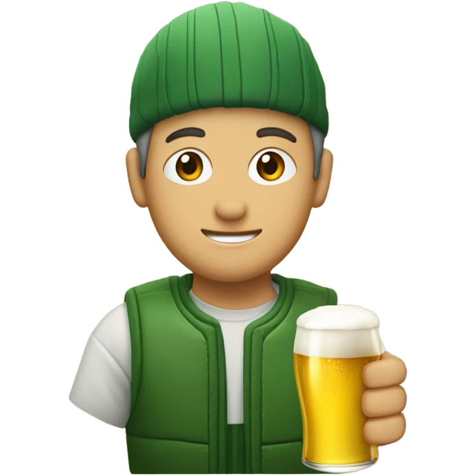 una persona con un chaleco verde y el logo de LA ONCE bebiendo una cerveza emoji