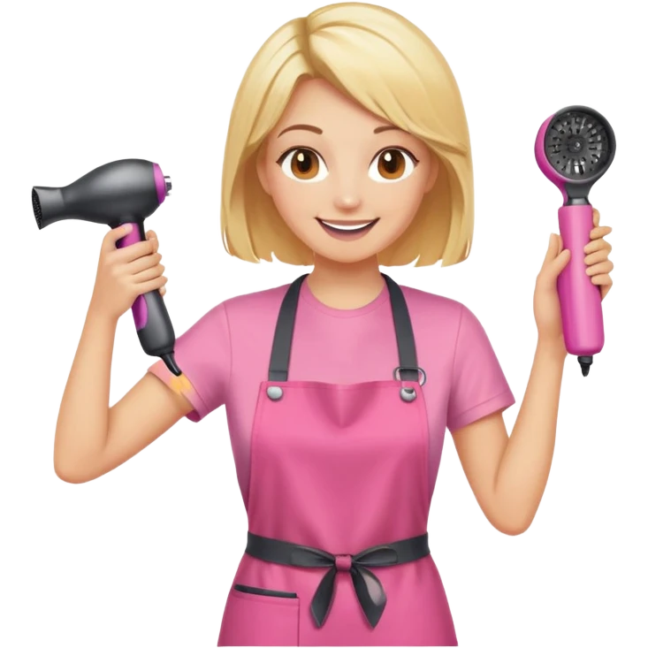 blonde female hairstylist smiling, pink t-shirt, orange apron, hands up, holding scissors and hairdryer emoji