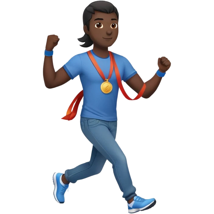 friendly anthropomorphised black stallion in jeans and a t-shirt, jogging upright in standard pose, holding a medal emoji