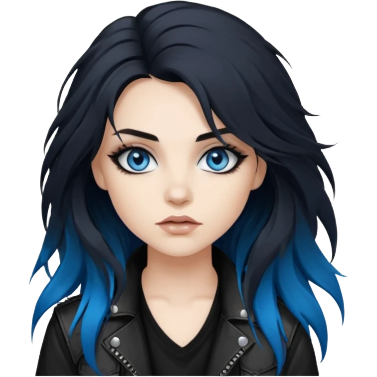 
 rockstar girl with long total black disheveled hair, blue eyes, Smokey eyes grunge makeup, rocking  emoji