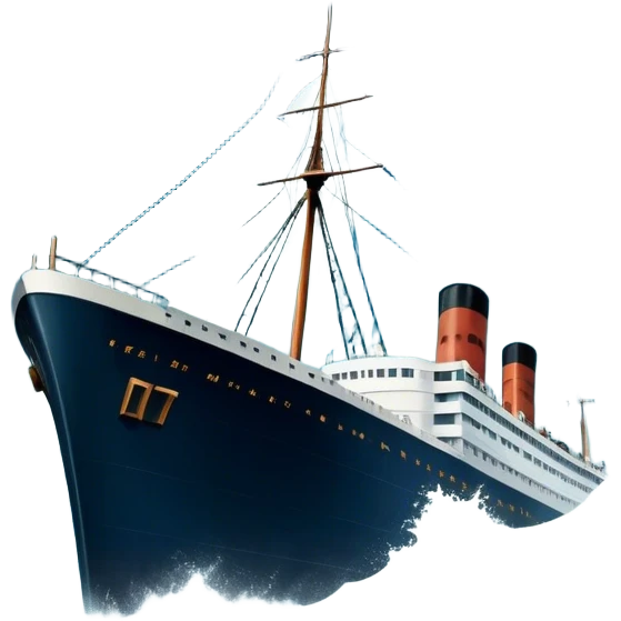 Icon for Titanic Movie: A vintage movie poster-style design featuring a dramatic scene of the ship, the iceberg, and a romantic silhouette of the main couple. Include elements like the ship’s bow, water splashes, and a starry sky in the background. Retro cinematic feel. Transparent background. emoji