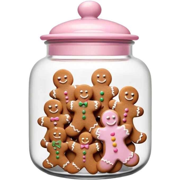 Realistic glass cookie jar with light pink lid full of gingerbread cookies isolated.  emoji