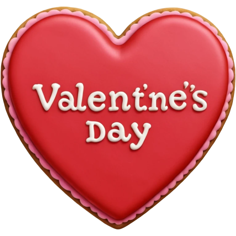 Heart-shaped cookie with smooth red icing emoji, write 'Valentine's day' on top of the red icing in white icing emoji