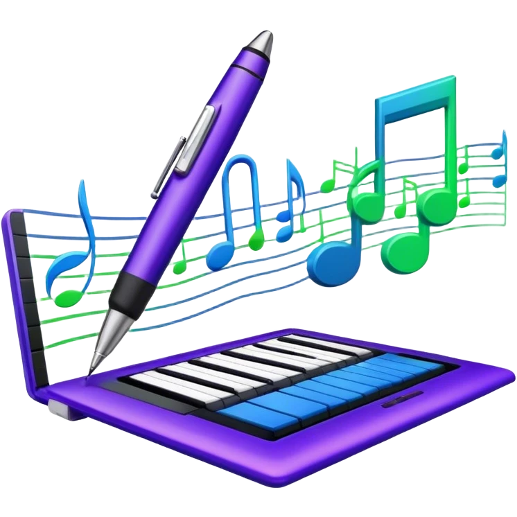 Create a creative and inspiring emoji that represents writing music tracks. The design should feature musical notes, a pen or pencil, and a digital audio workstation (DAW) interface or a computer screen with a visible waveform, symbolizing the process of composing and arranging a track. Add elements like a metronome or a pair of headphones to reflect the recording and editing aspects. Use vibrant colors like electric blue, purple, or neon green to represent creativity and innovation in music production. The background should be transparent. emoji