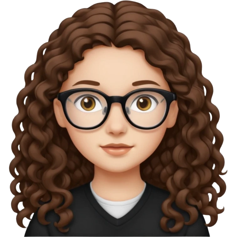 white teen girl with long brown curls, hazel eyes, and black frame glasses emoji