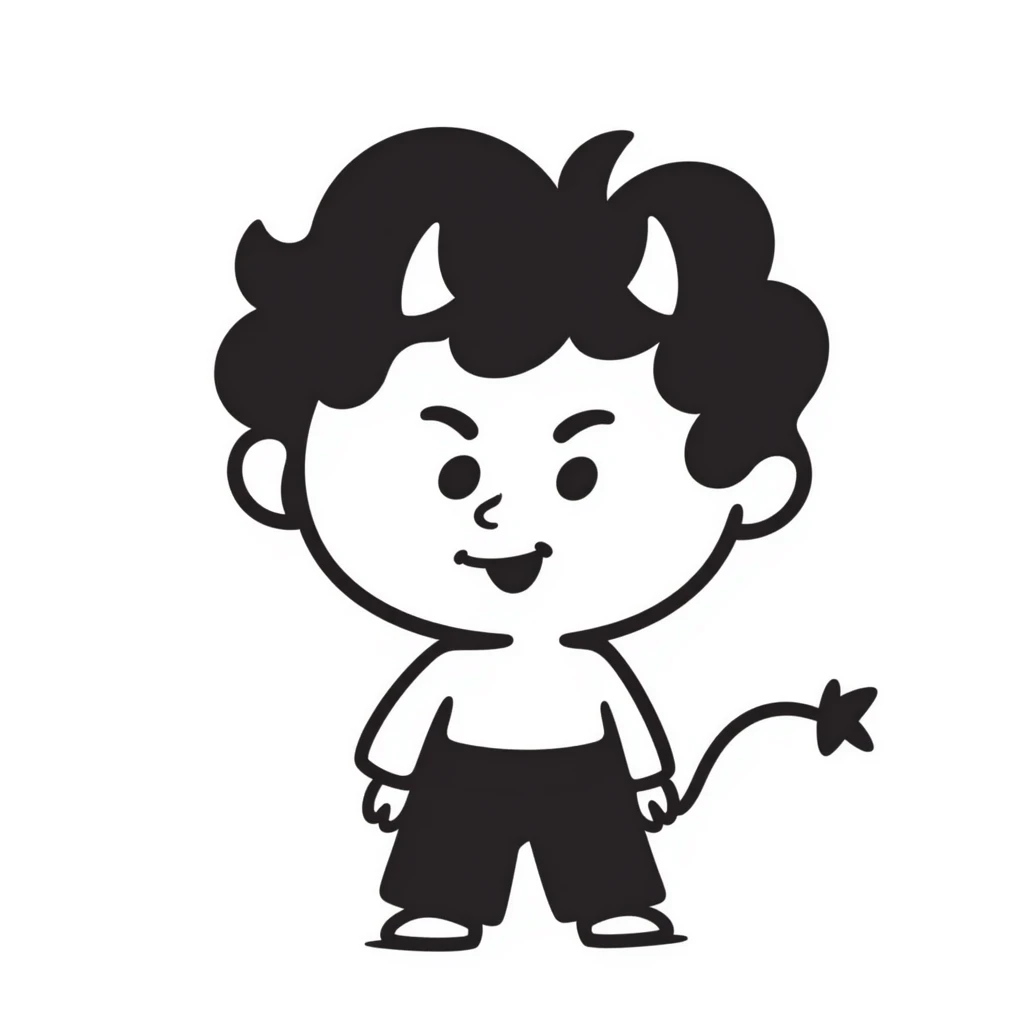 hand-drawn chibi demon with big head, tiny body, cute horns and mischievous smile emoji