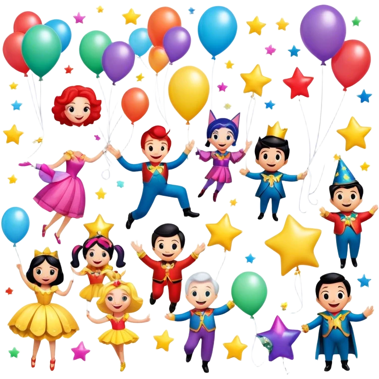 Icon for Animated Movies: A vibrant, colorful collage featuring iconic characters from popular animated films. Include cheerful, playful figures with exaggerated features, bright costumes, and whimsical elements like floating balloons, stars, and sparkles. Transparent background. emoji