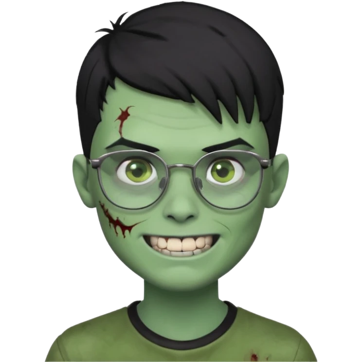 zombie boy, modern hair, green skin, black hair, glasses, risk on the eyebrow, scars, creepy expression, smile, silver teeth emoji