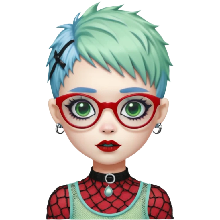 White hair, Ghoulia yelps monster high doll in scene/emo style cherry print dress with fishnet sleeves, clothes, thin, small, red, rectangle glasses, pale white-blue skin, pale-green shaggy pixie-cut , zombie scars , boy, punk choker emoji