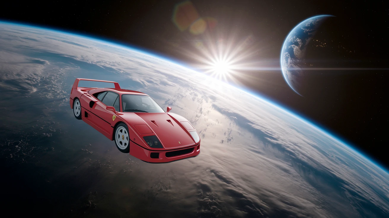 Cinematic still of a ferrari f40 floating in space, shot by space camera connect to spaceship, sun flare, big earth in background, captured by gopro emoji