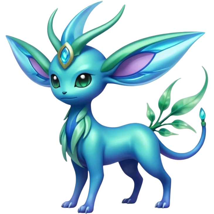Futuristic shiny pastel bioluminescent transparent translucent iridescent glowing neon cool tough evil Suicune-Bayleaf-Celebi-Pokémon-Fakémon-hybrid-creature emoji