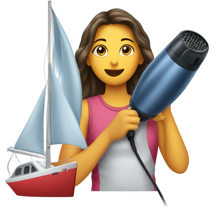 Girl is drying wet sailboat using the hair dryer emoji