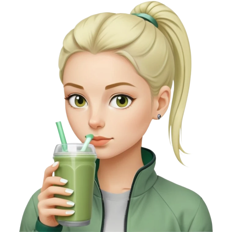 Swedish girl with sage green jacket drinking pre workout shake middle part slick back bun emoji