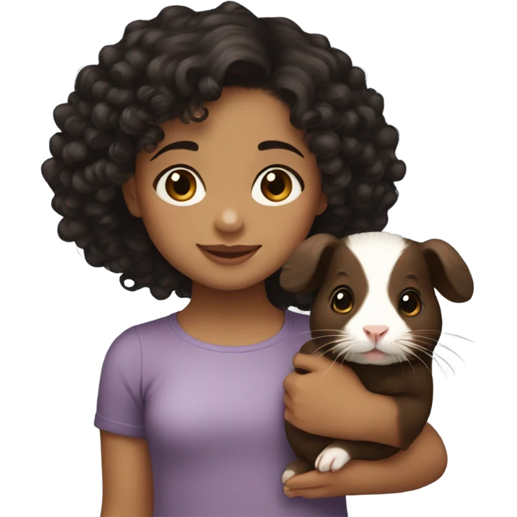 Little light skin girl with black curly hair holding a brown and dark brown Guinea pig emoji