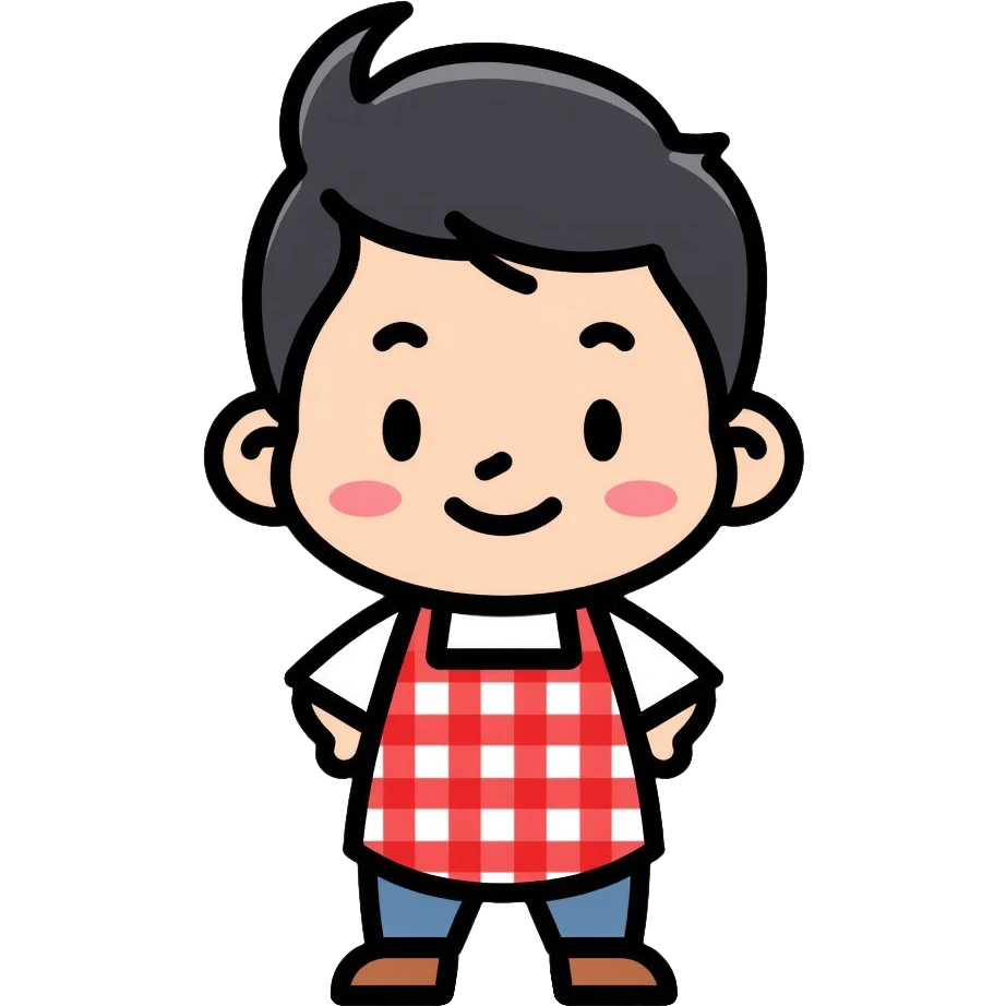 chubby boy with black hair styled upward in front, wearing a red and white checkered plaid apron emoji