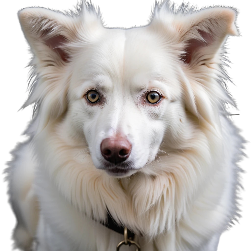 A pure white Border Collie dog sitting, with fluffy fur, alert pointed ears, and friendly expression emoji