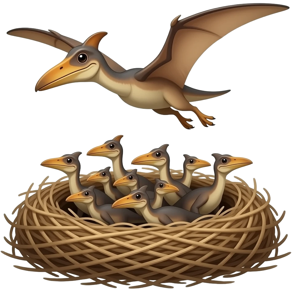 manada de terodactil en su nido realista i la madre volando emoji