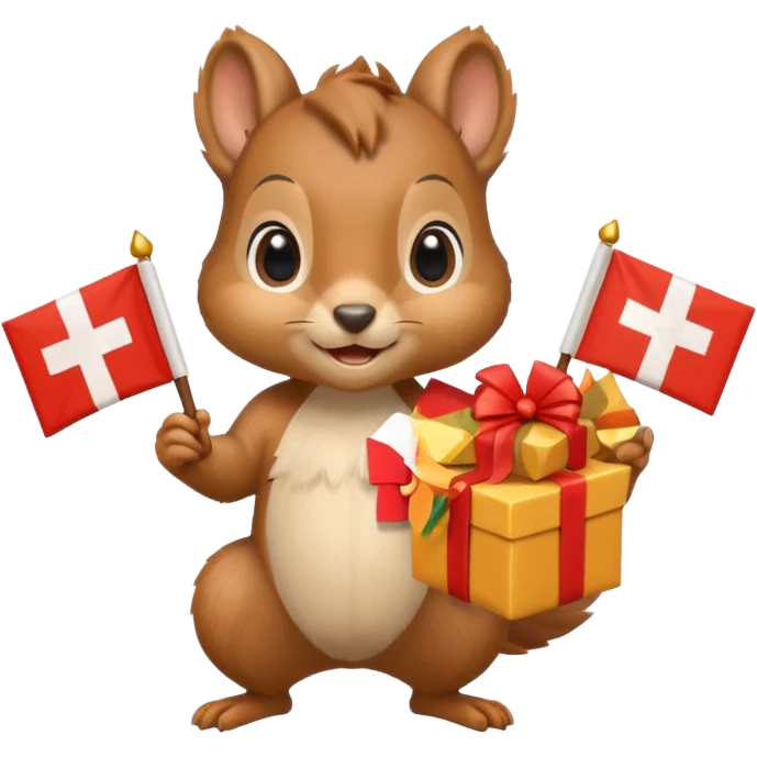 squirrel holding a gift in one hand and a Swiss flag in the other hand, cheerful expression emoji