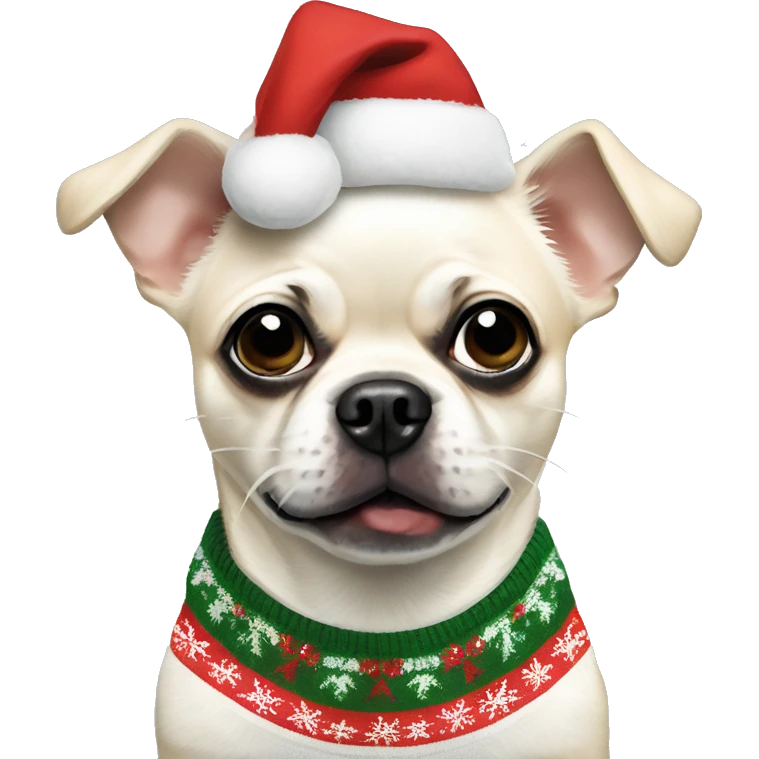 All White, chihuahua-pug mix wearing a Christmas sweater emoji