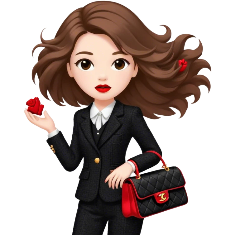 White girl with brown long hair dressed up in black chanel tweed suit with a red chanel bag and red lipstick. Close up with wind blowing her hair looking fancy emoji
