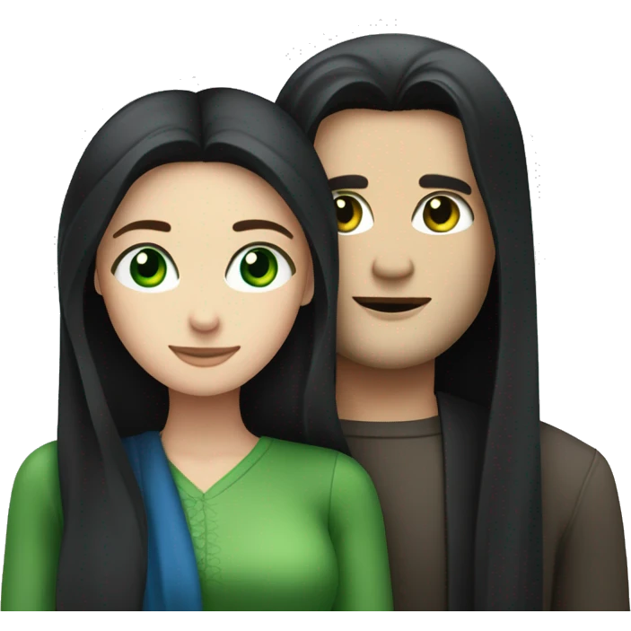 White brunette man with blue eyes hugging white woman with long straight black hair and green eyes emoji