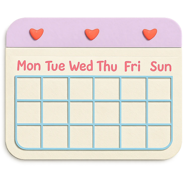 soft pastel kawaii weekly planner box with rounded corners and tiny heart icons emoji