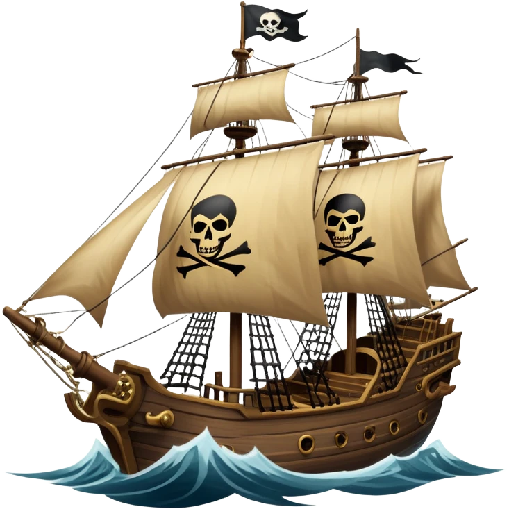 An icon representing an adventure game, inspired by high-seas exploration. The design features a fearless pirate gripping the wheel of a grand sailing ship, its tattered Jolly Roger flag billowing as it cuts through stormy waters. The scene evokes danger, treasure, and the thrill of the open sea. Transparent background. emoji