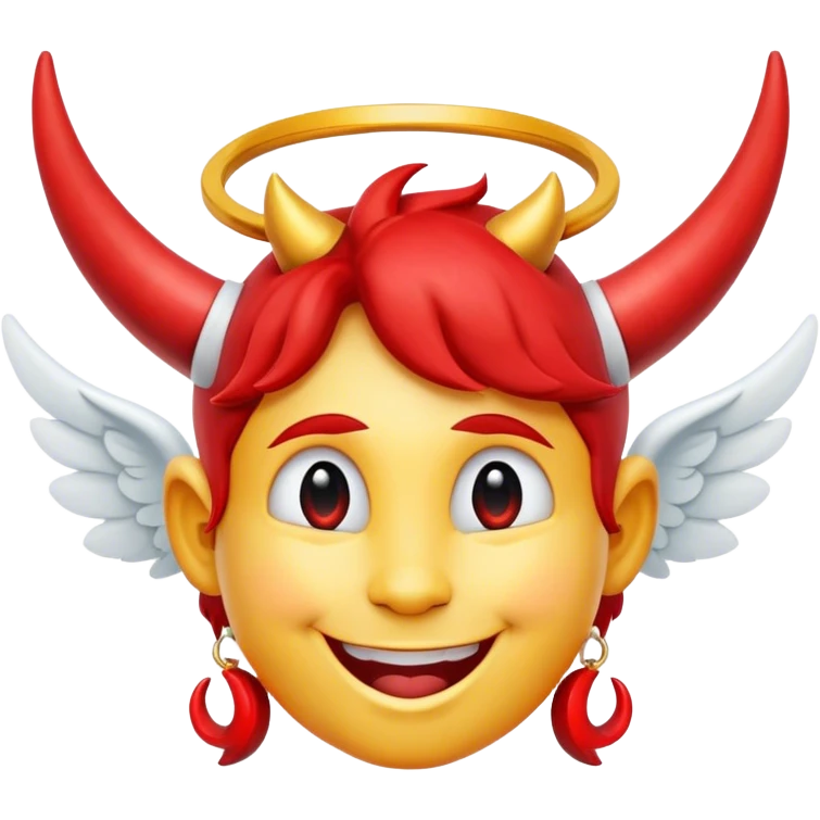 angel smiley face with big red crooked halo and 2 red horns emoji
