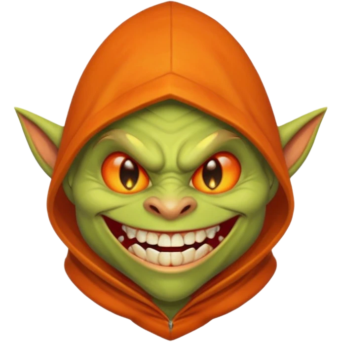 Hobgoblin-style goblin face emoji, orange hood, evil grin, sharp teeth, expressive Apple-style emoji emoji