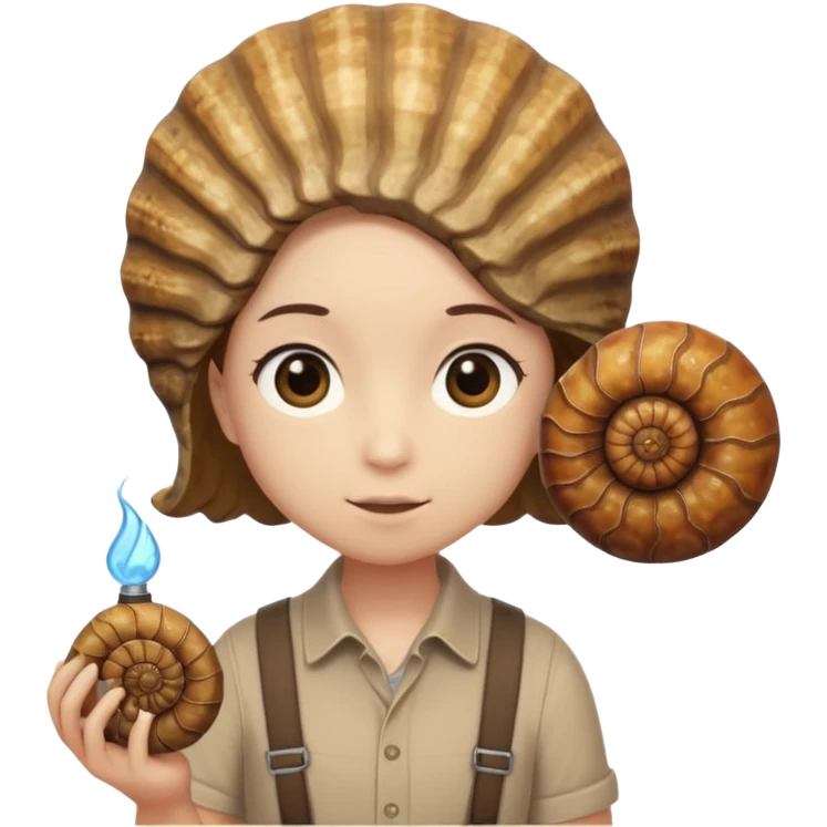Shelly has a small, chibi-style body with a large ammonite-shaped head that looks like a beige fossil shell. One side of her head has a dark opening, making it clear she isn’t human. Her face is simple and soft, with big round eyes. She wears a brown suspender outfit over a lighter shirt emoji