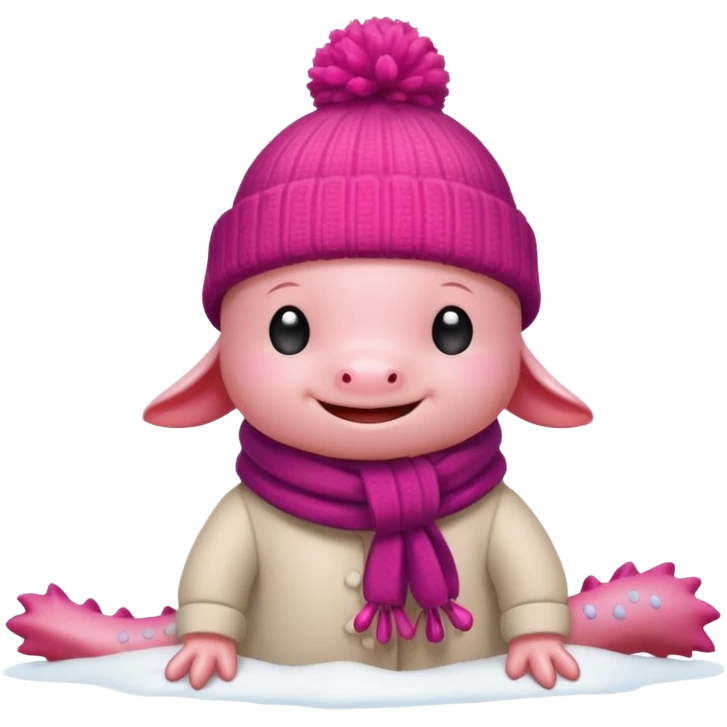 Axolotl playing in snow with winter clothes. emoji