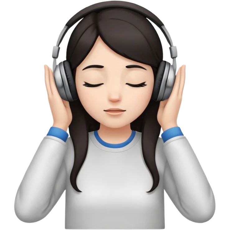Girl with dark hair, wearing headphones, her hands are on her ears, and her eyes are close emoji